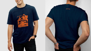 Dark blue cotton T-shirt, unisex with orange print on the front