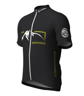 Glocknerkönig cycling jersey, black with white mountain and yellow/green lettering #glocknerkönig